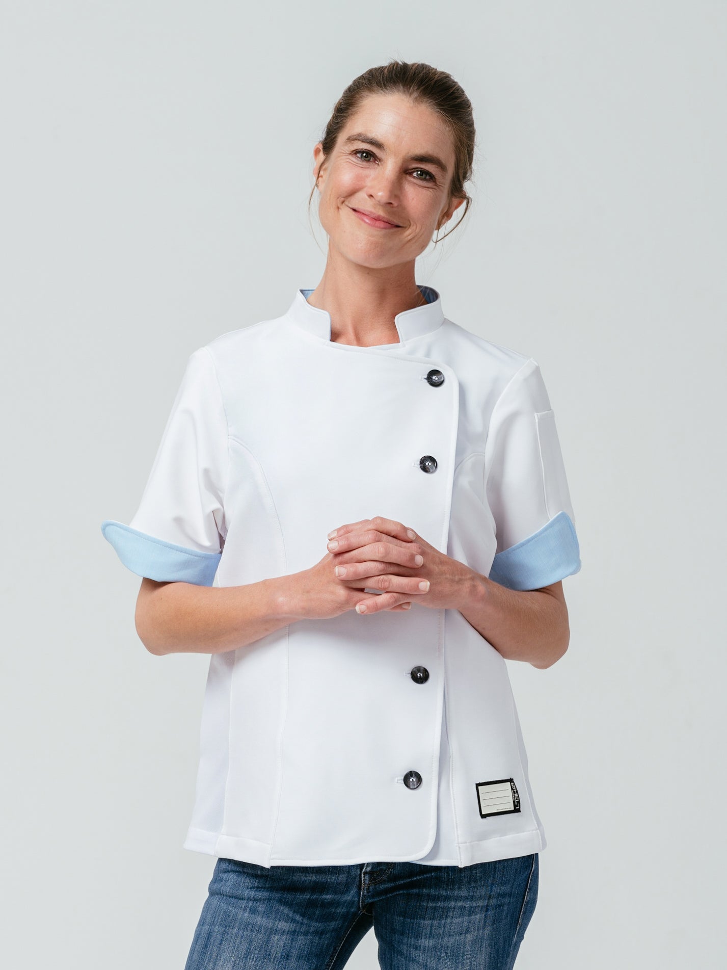 Stephany Short-Sleeve Black/White Chef Coat | Helt Studio